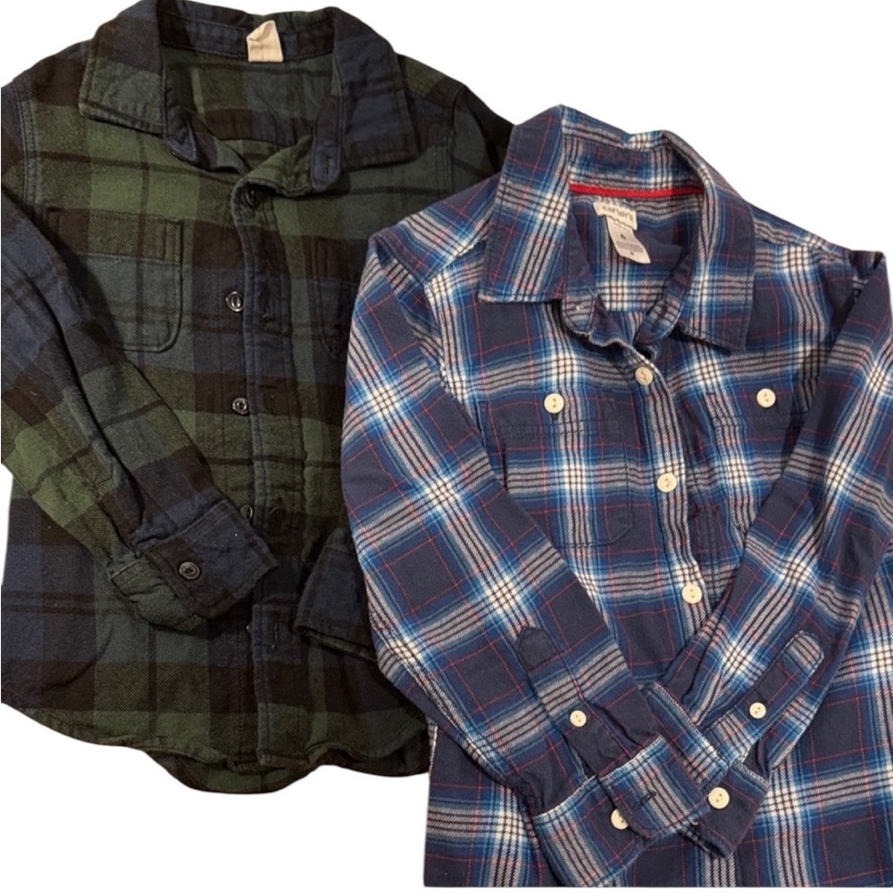 Set of 2 - GAP/carters Kids flannel Plaid Button Down Shirts Blue Green size 6